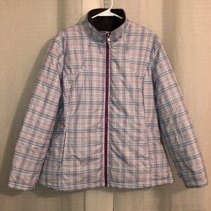 Athletech 1X White Fuchsia Pink Blue Plaid Full Zip Quilted Puffer Jacket